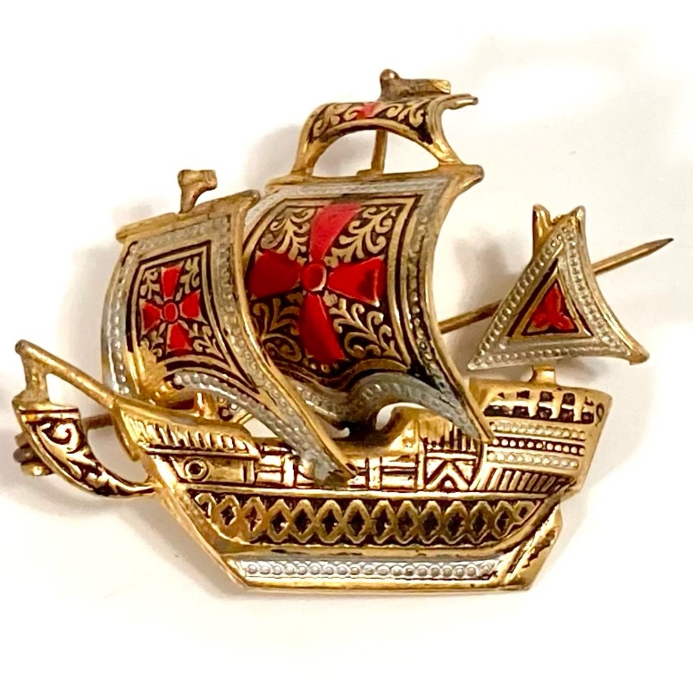 Vintage Spanish galleon ship Damascene Brooch pin EUC Spain
